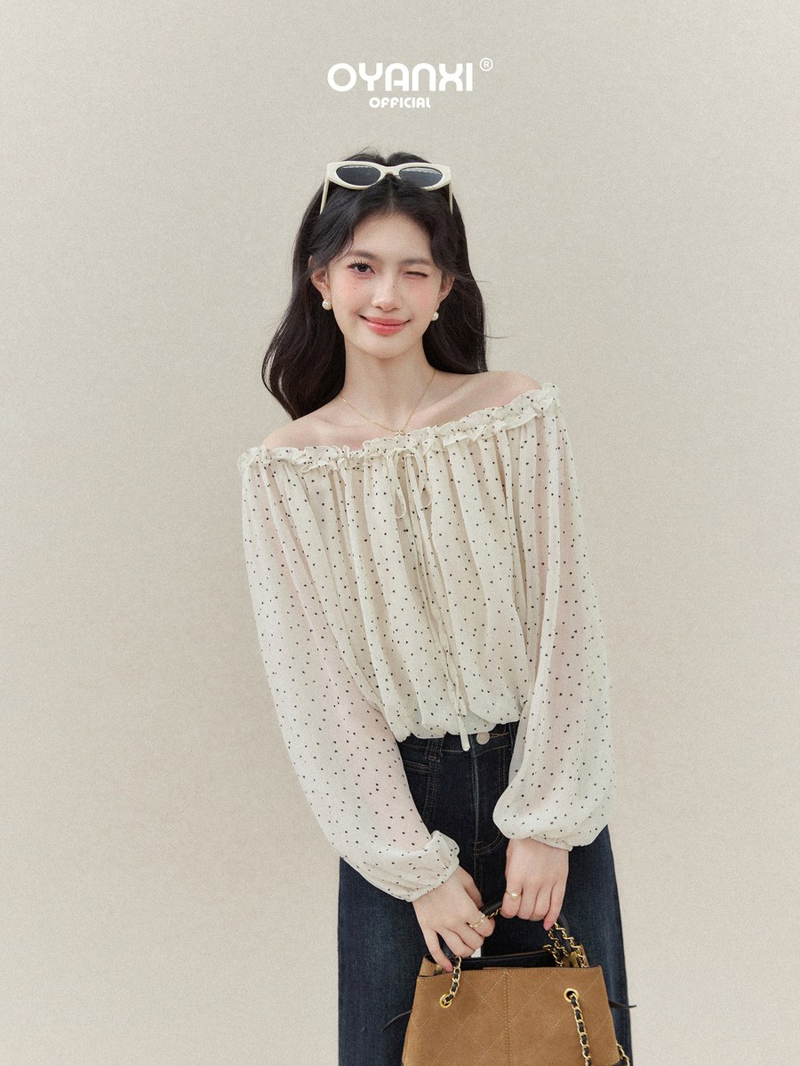 OYANXI ドット柄 フリル オフショルダー ブラウス
