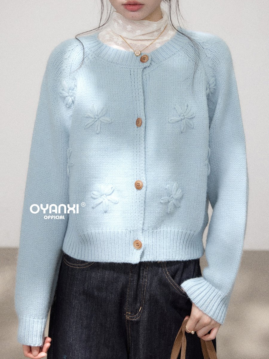 OYANXI 立体かぎ編み クルーネック ニットカーディガン