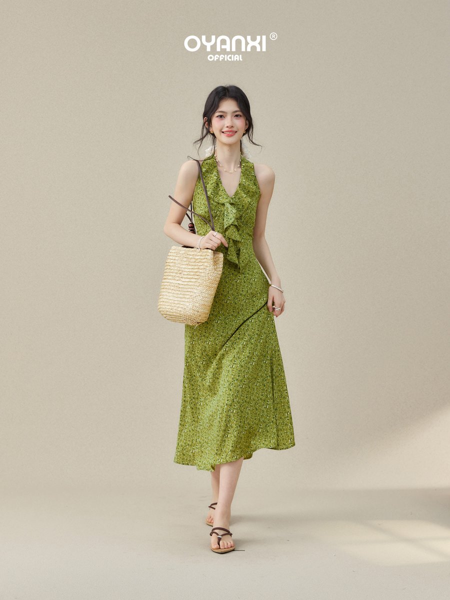 OYANXI 小花柄 ホルターネック Vネック ロングワンピース