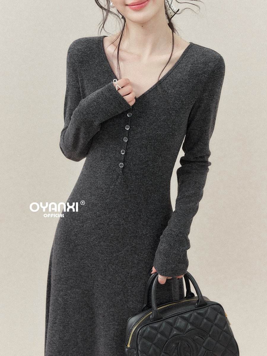 OYANXI Vネック スリム ロング ニットワンピース