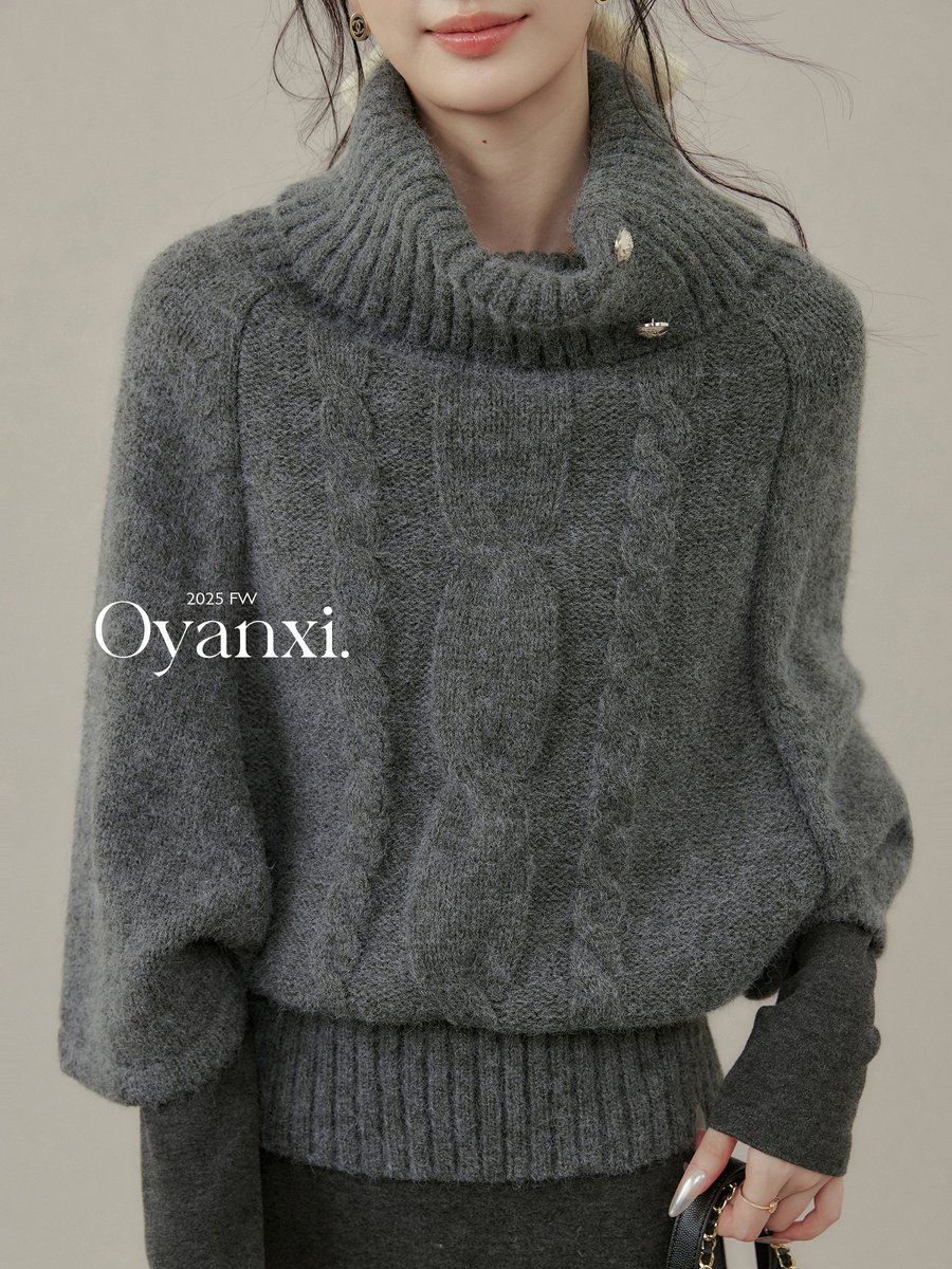 OYANXI ハイネック ケープ風 ニットポンチョ