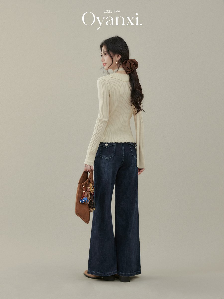 OYANXI レトロ ハイウエスト ワイドフレアデニムパンツ