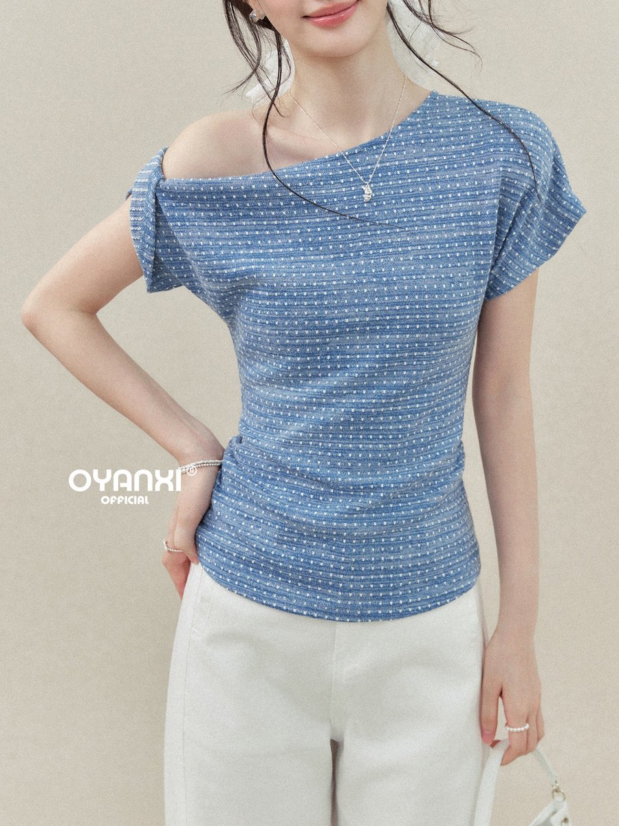 OYANXI ドット柄 アシンメトリー ワンショルダー 半袖Tシャツ