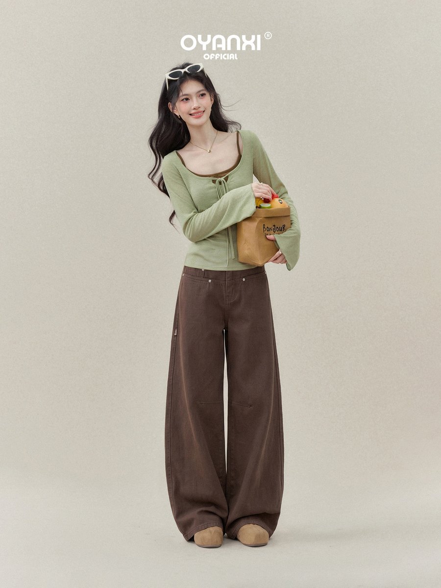 OYANXI ハイウエスト ワイド ロング丈デニムパンツ