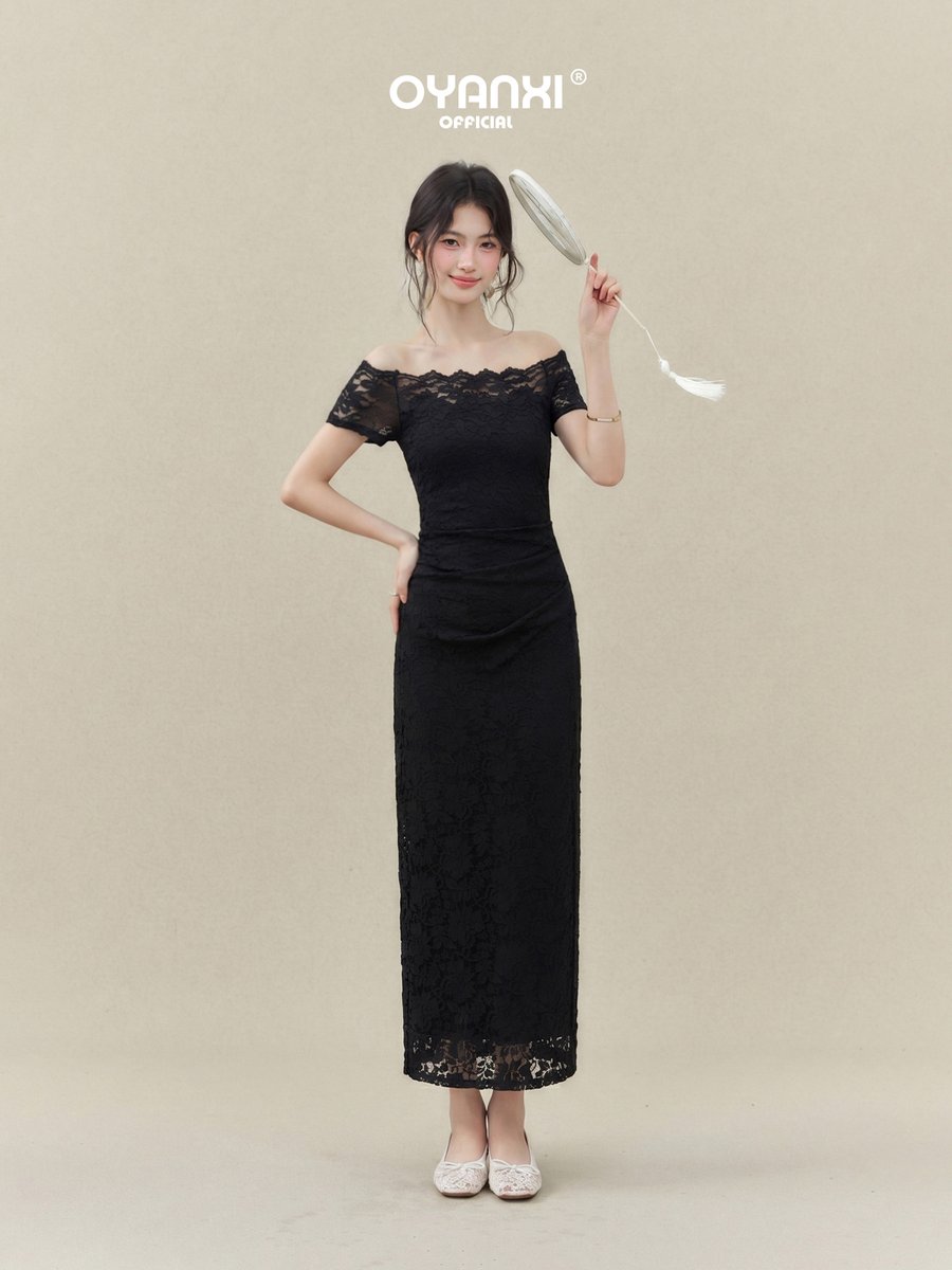 OYANXI レース オフショルダー ウエストシェイプ 半袖ワンピース
