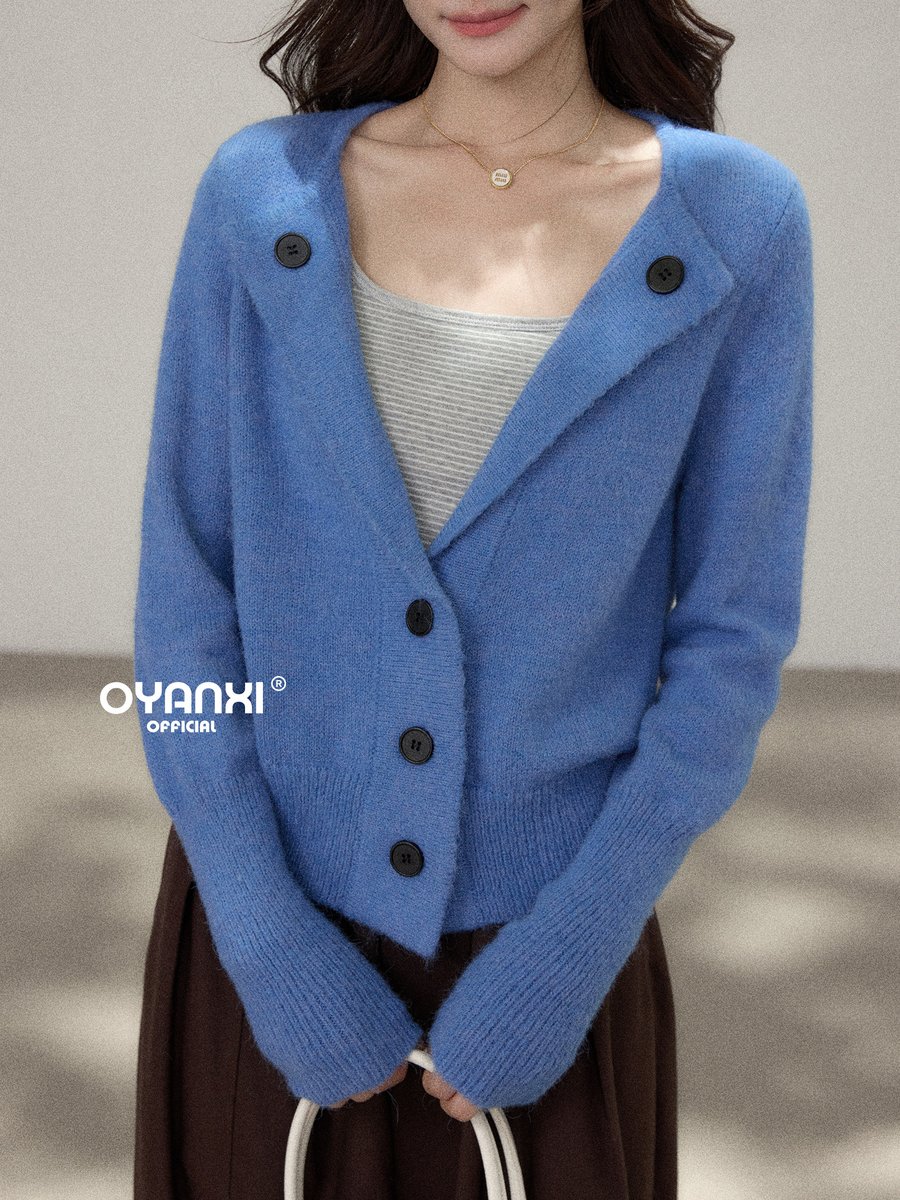 OYANXI Vネック ニットカーディガン ブルー