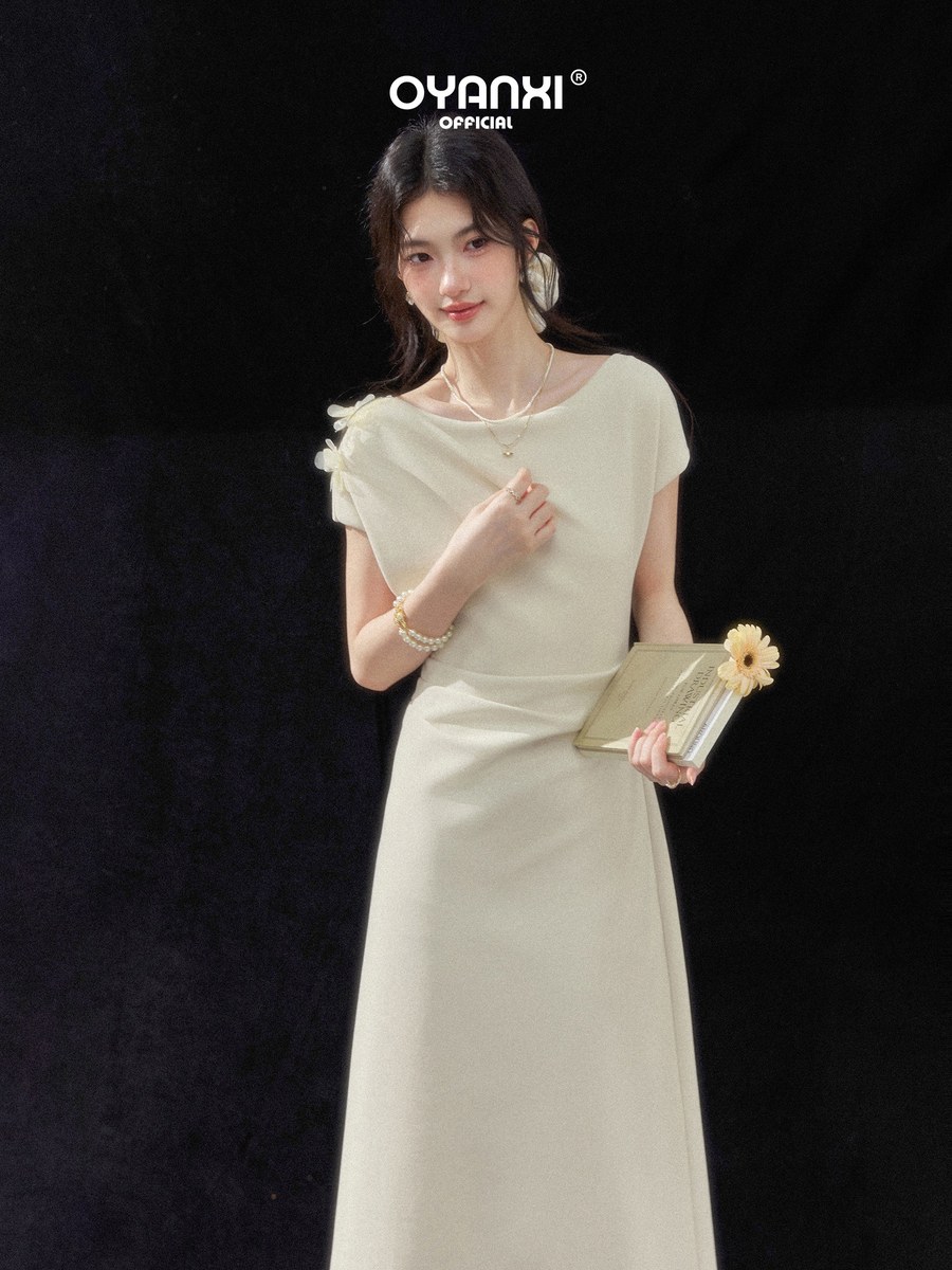 OYANXI クルーネック リボン ウエストシェイプ 半袖ワンピース