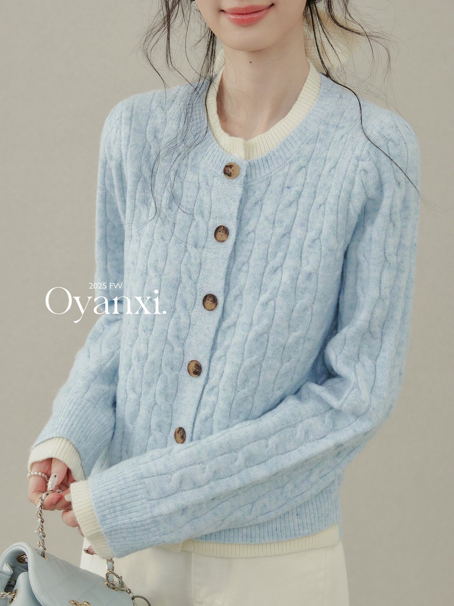 OYANXI フェイクレイヤード ブルー ニットカーディガン
