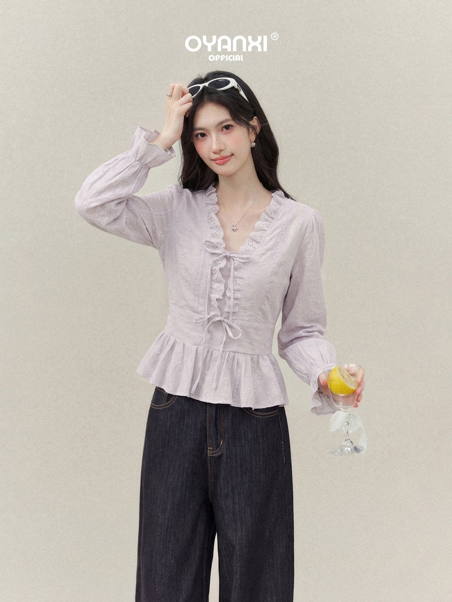OYANXI Vネック パフスリーブ ウエストシェイプシャツ