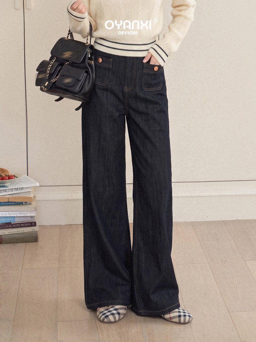 OYANXI レトロ ハイウエスト ロング丈 ワイドデニムパンツ