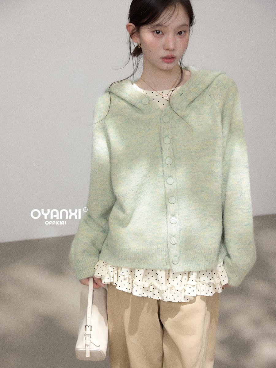 OYANXI フード付き ショート丈 ニットカーディガン