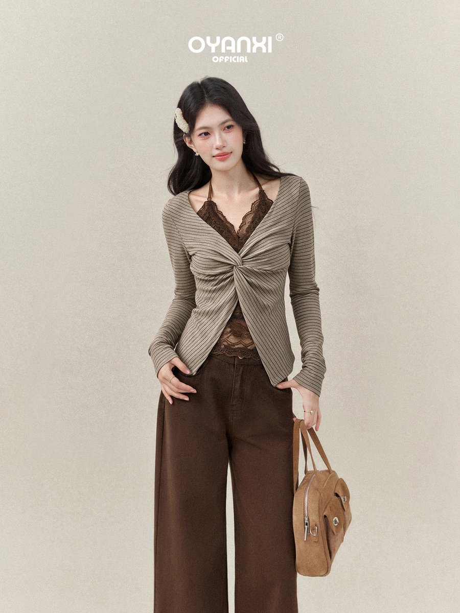 OYANXI レースホルター フェイクレイヤード ストライプ 長袖Tシャツ