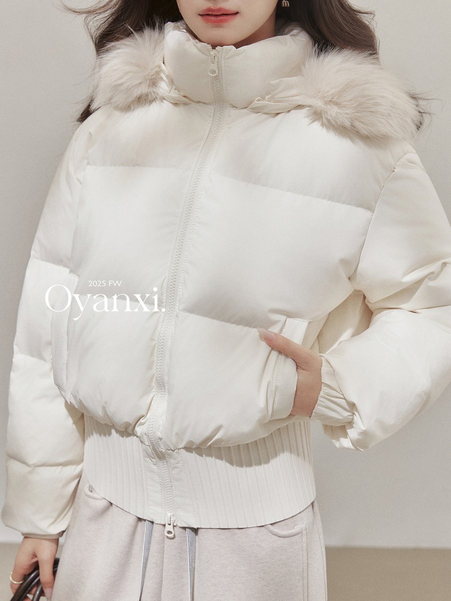 OYANXI ファーフード付き ショート丈 ダウンジャケット