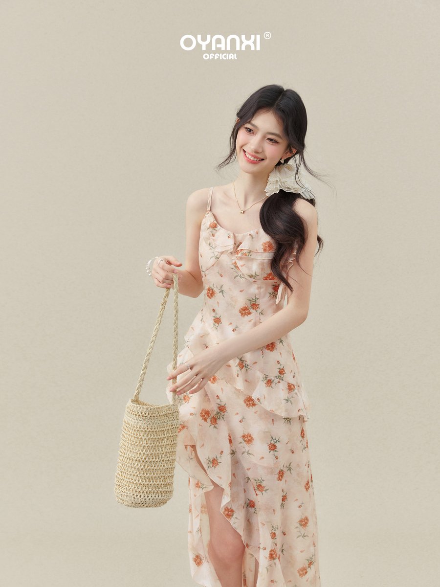 OYANXI 小花柄 フリル ウエストシェイプ キャミソールワンピース