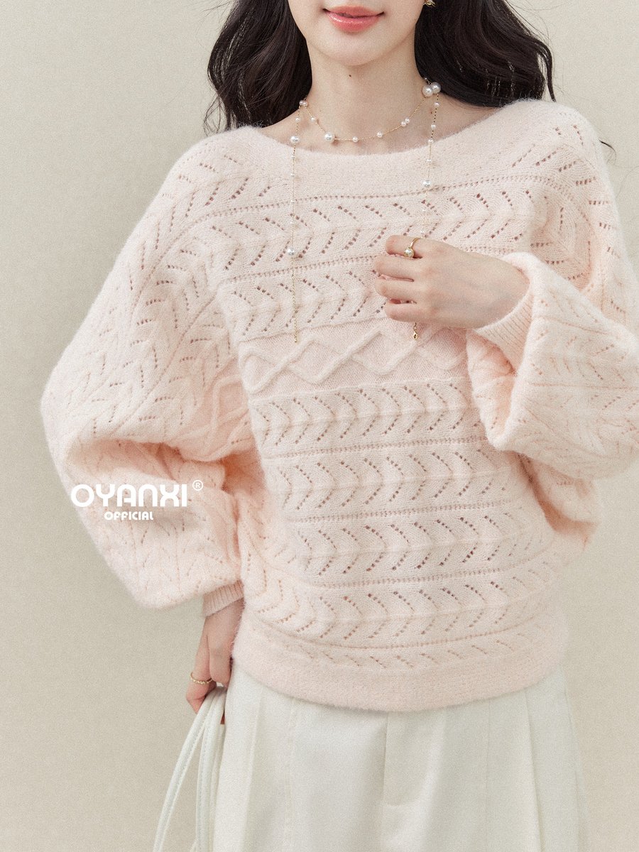 OYANXI 透かしケーブル編み ランタンスリーブニット