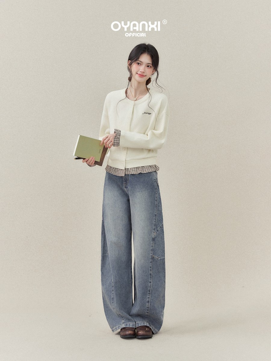 OYANXI ヴィンテージウォッシュ ハイウエスト ストレートワイドデニムパンツ