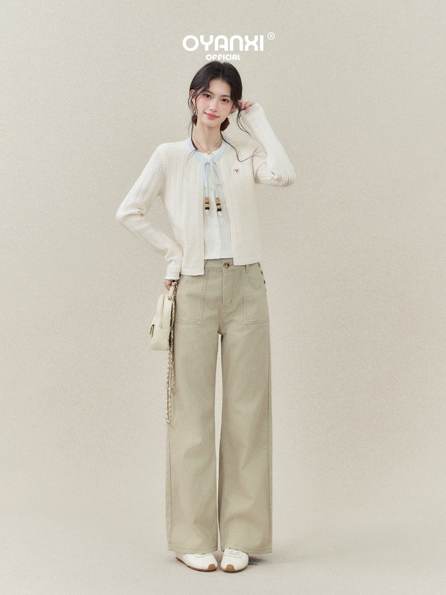 OYANXI フェイクレイヤード 透かし編み クルーネック ニットカーディガン