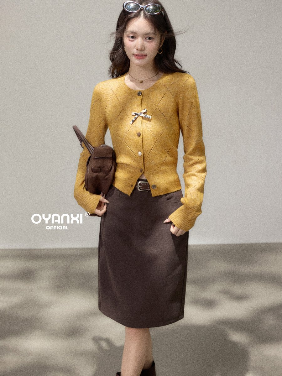 OYANXI ダイヤ柄透かし編み ニットカーディガン