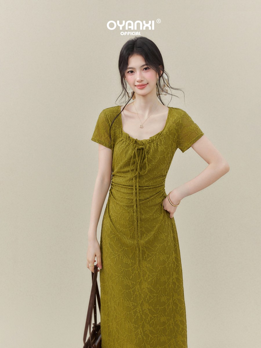 OYANXI レトロ スクエアネック 半袖ロングワンピース