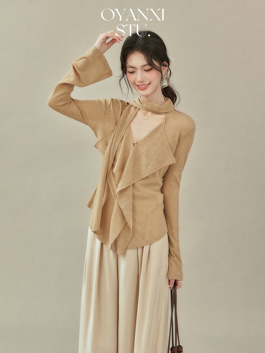 OYANXI リボンタイ Vネック 長袖Tシャツ カーキ