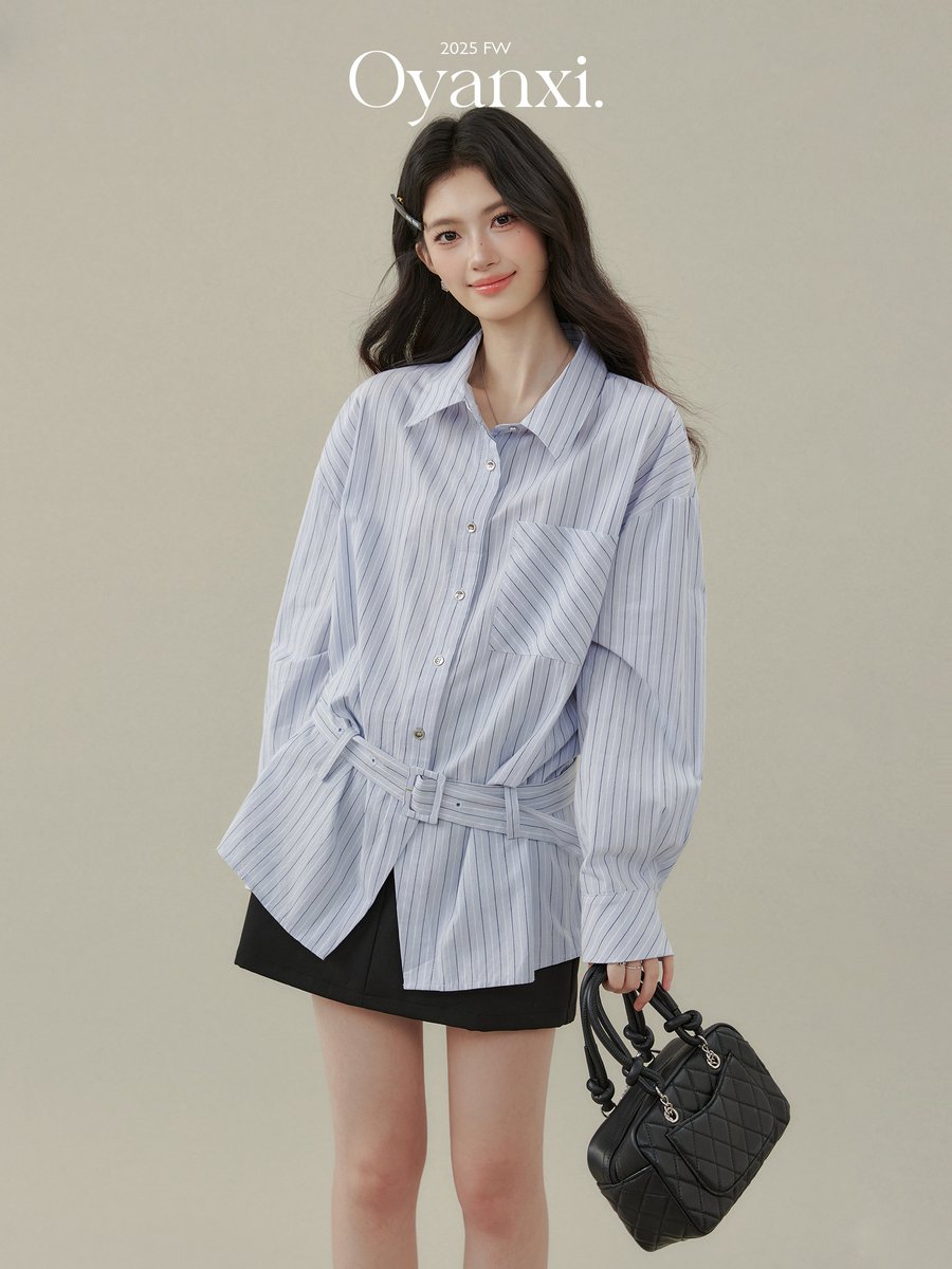 OYANXI ストライプ ゆったり 長袖シャツ ブルー