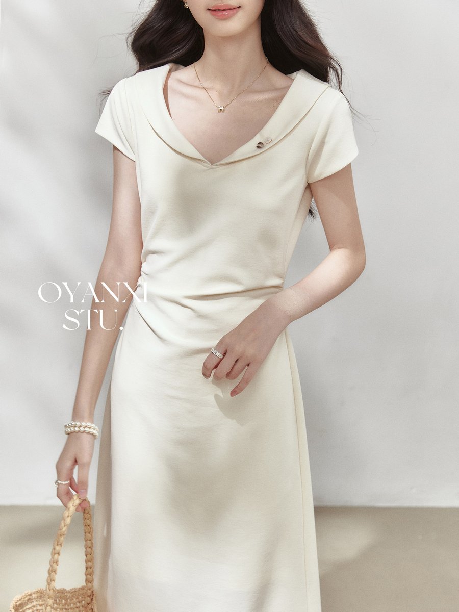 OYANXI 襟付き ウエストシェイプ 半袖ロングワンピース