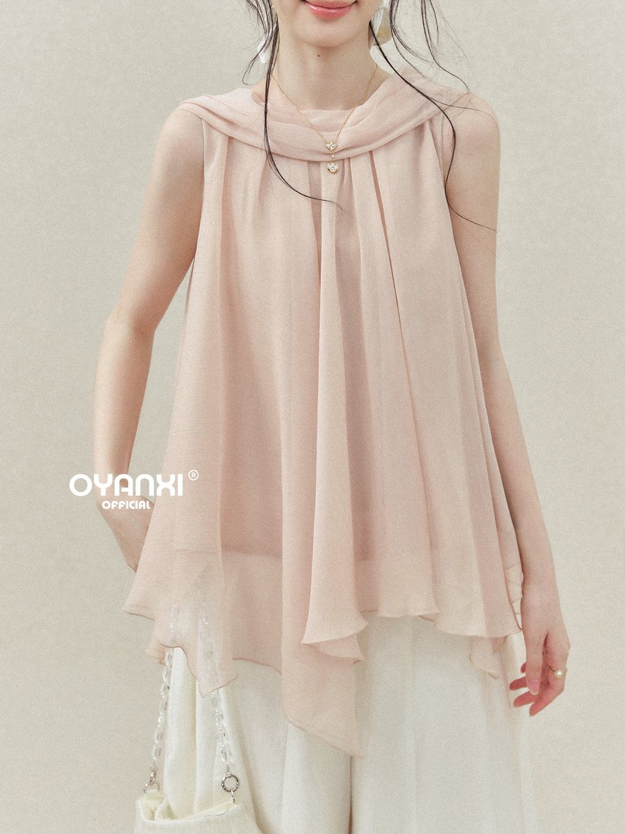 OYANXI ケープ風 リボン アシンメトリー ノースリーブトップス