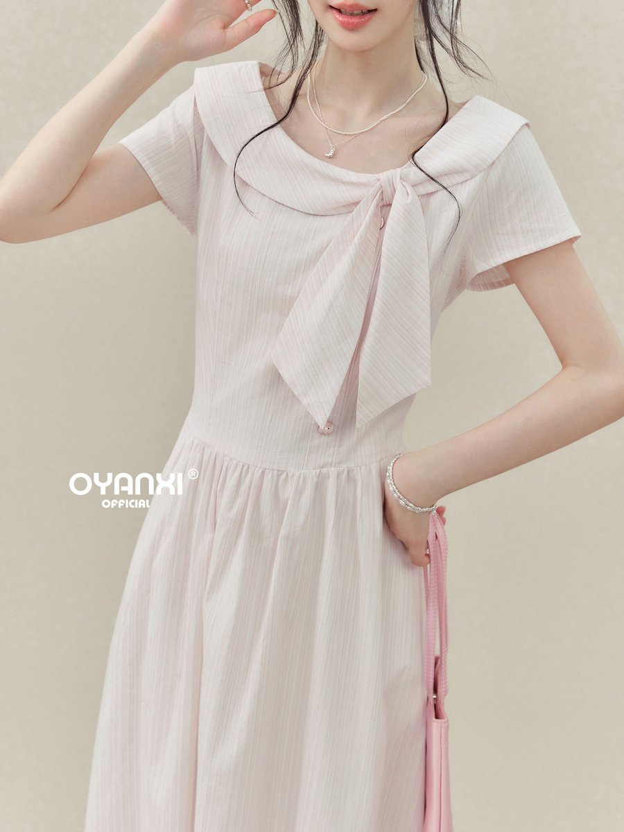 OYANXI ビッグカラー リボン 半袖ロングワンピース