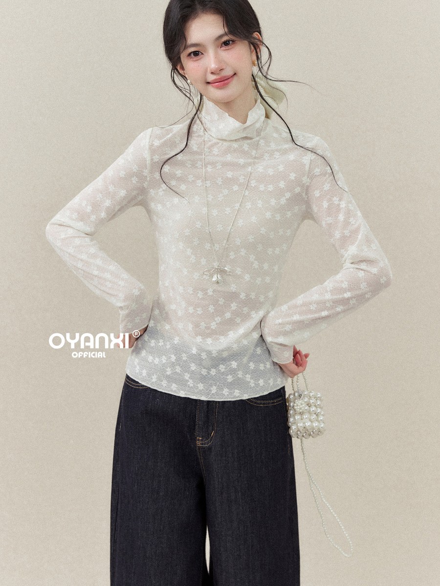 OYANXI シアーレース ハーフハイネック 長袖インナーTシャツ
