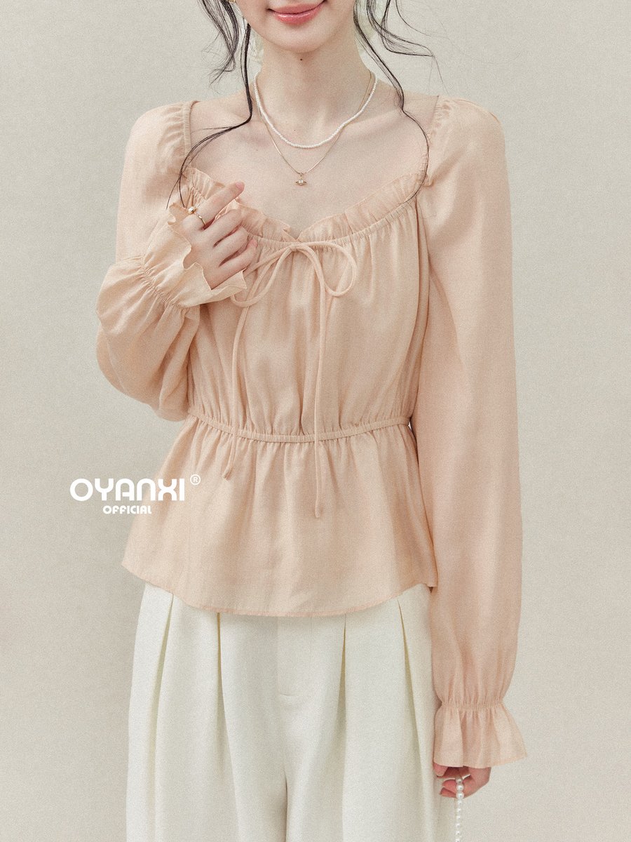 OYANXI フリル パフスリーブ リボン 長袖ブラウス