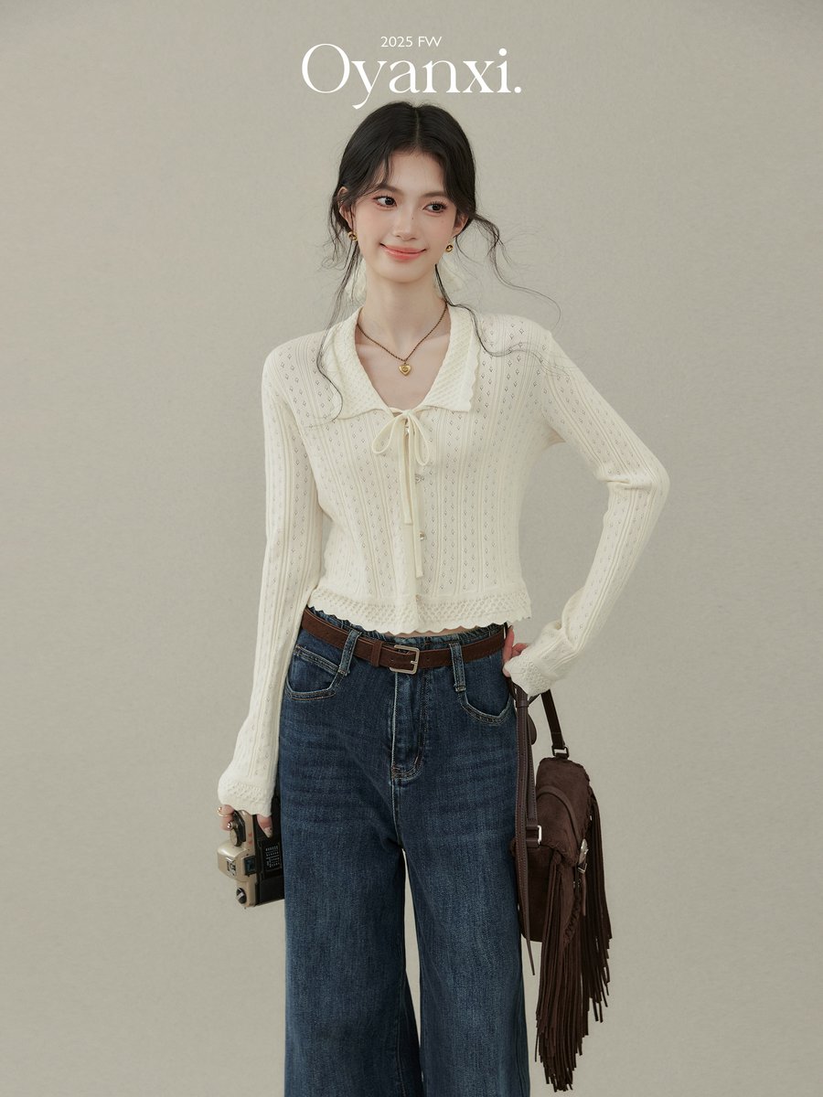 OYANXI リボン ショート丈 長袖ニット アプリコット