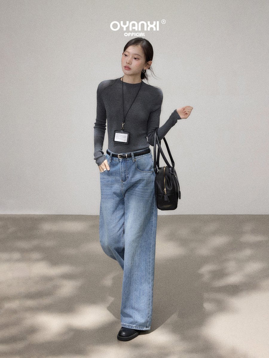 OYANXI レトロブルー ウォッシュ ハイウエスト ロングワイドデニムパンツ