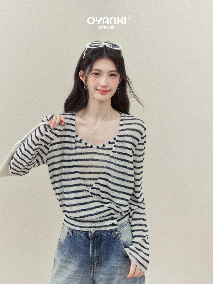 OYANXI ストライプ キャミソール＆Vネック長袖Tシャツ 2点セット