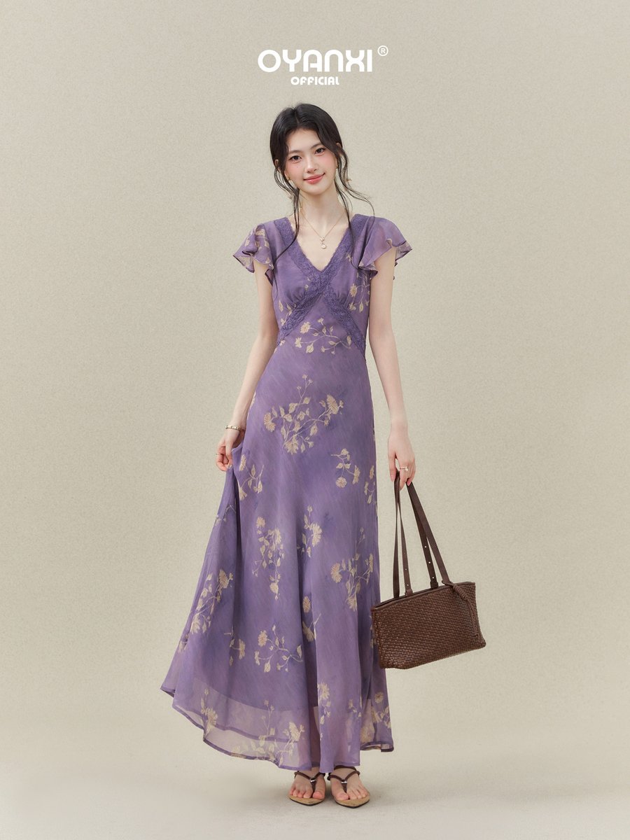 OYANXI 小花柄 フリルスリーブ Vネック ロングワンピース