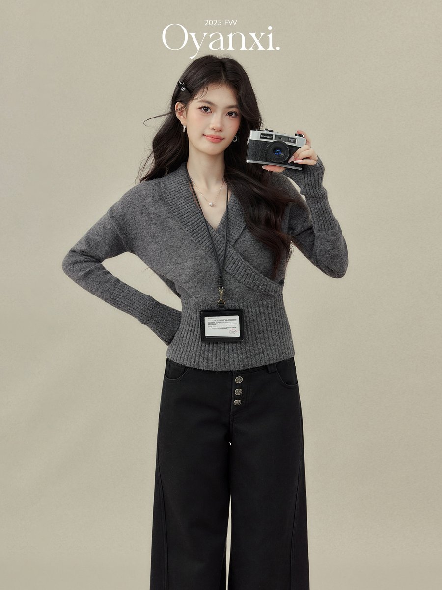 OYANXI ボタンデザイン 切り替え ワイドデニムパンツ
