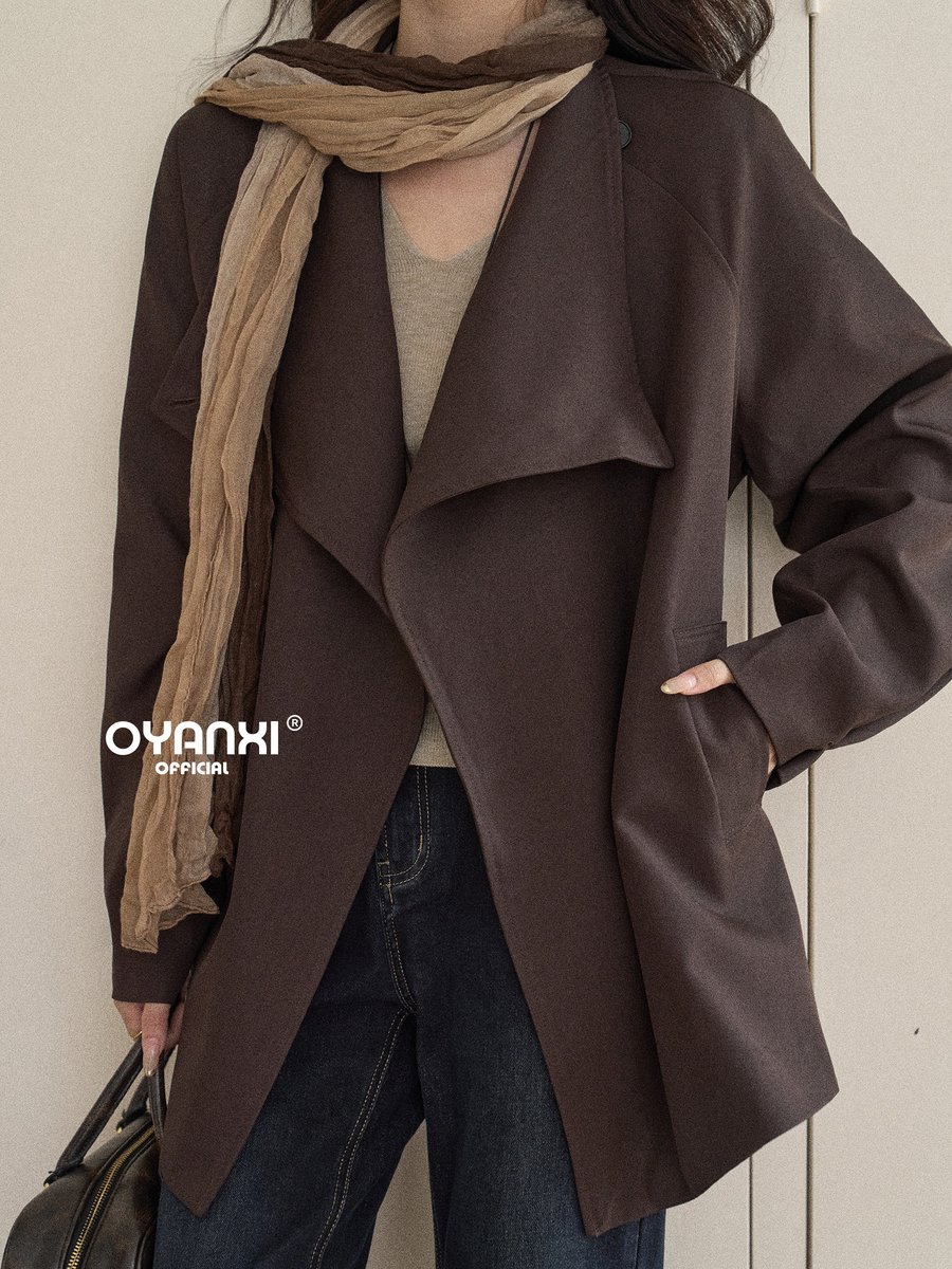 OYANXI ビッグカラー ベルト付き ショート丈トレンチコート