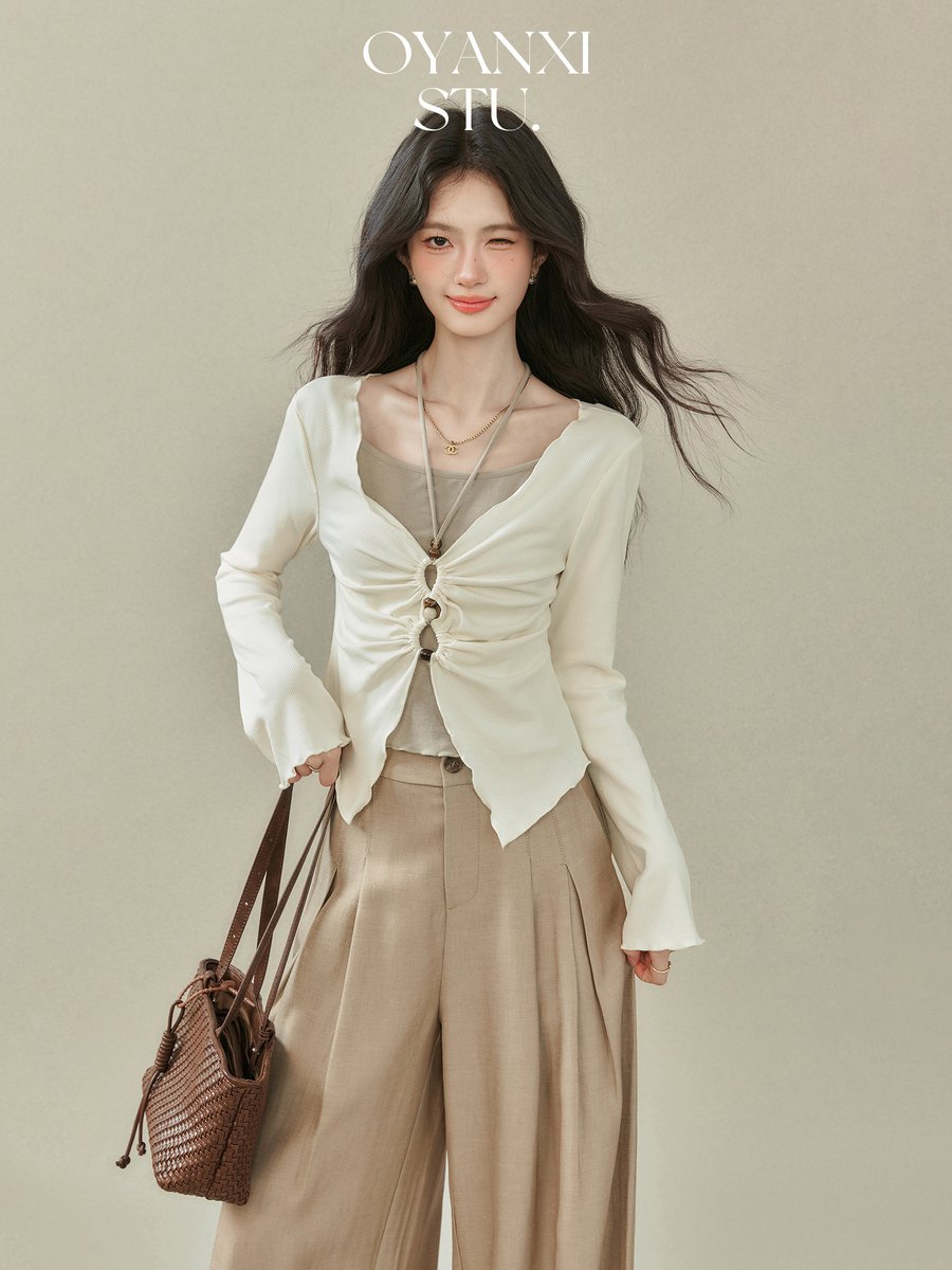 OYANXI フリル フェイクレイヤード フレアスリーブ Tシャツ