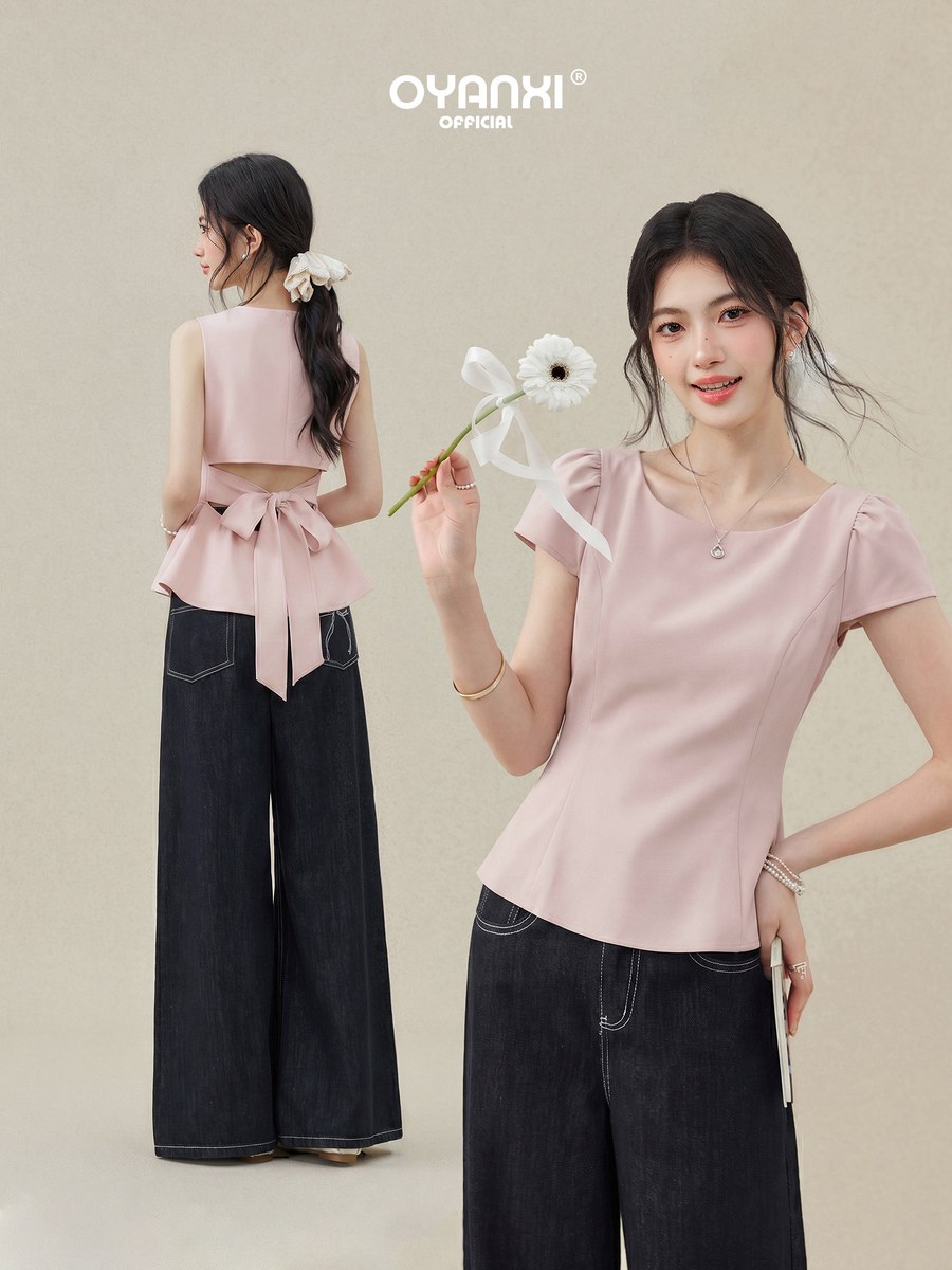 OYANXI リボン ウエストシェイプ スリムトップス