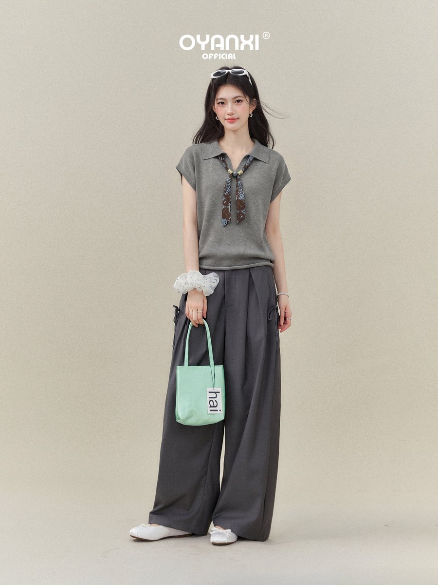OYANXI スカーフ付き 襟付き パフスリーブ 半袖Tシャツ