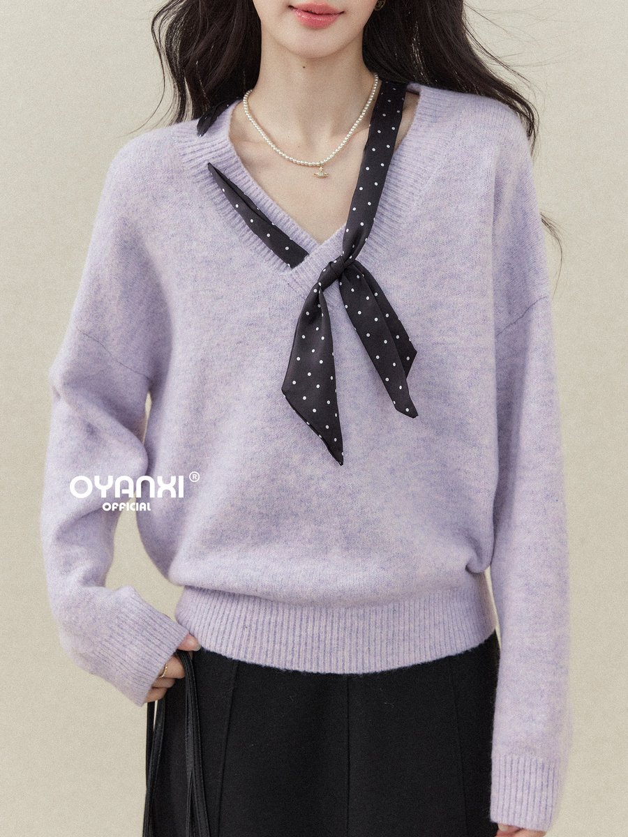 OYANXI ドット柄スカーフ付き Vネック ゆったり プルオーバーセーター