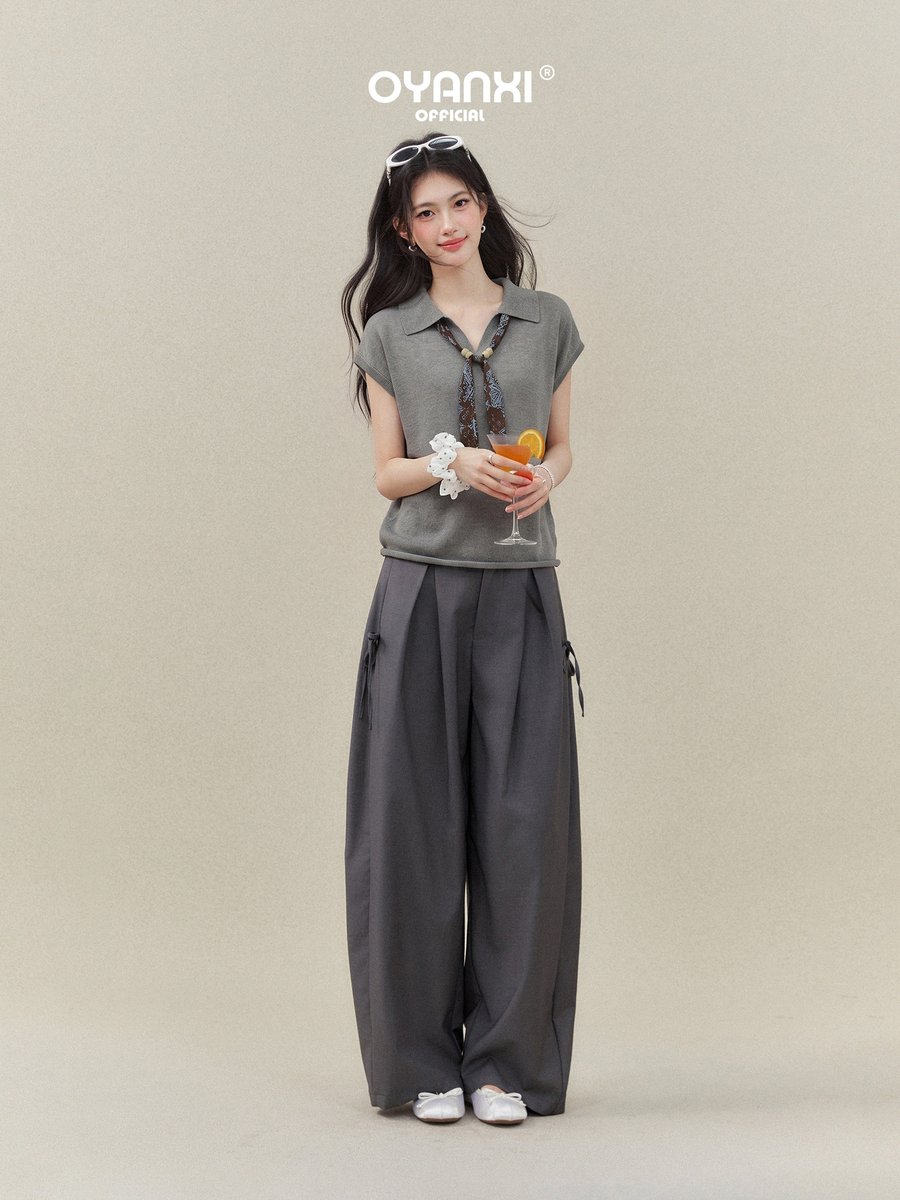 OYANXI スカーフ付き 襟付き パフスリーブ 半袖Tシャツ