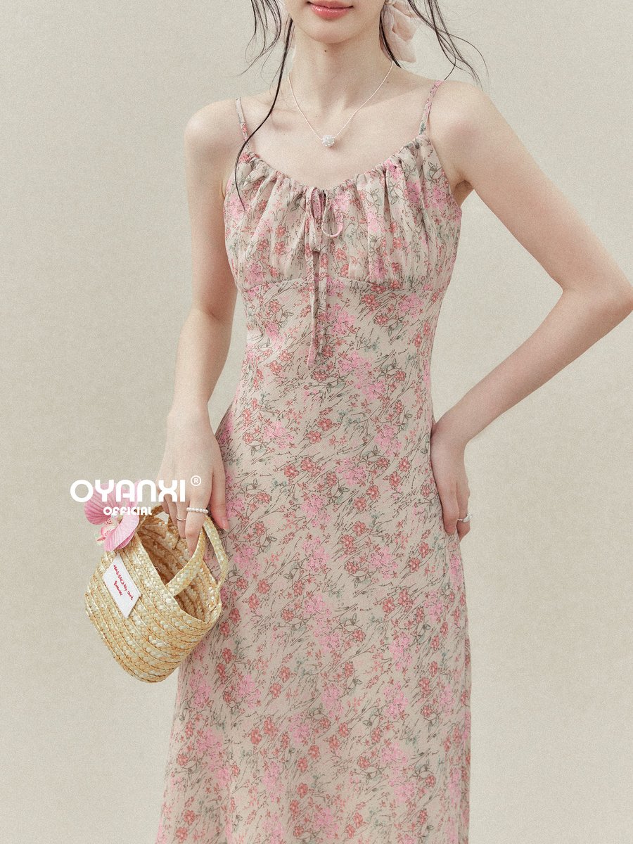 OYANXI 小花柄 キャミソール ウエストシェイプ ロングワンピース