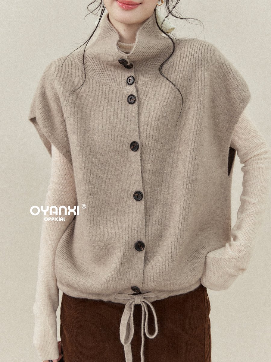 OYANXI スタンドカラー 半袖 ボタンニットカーディガン