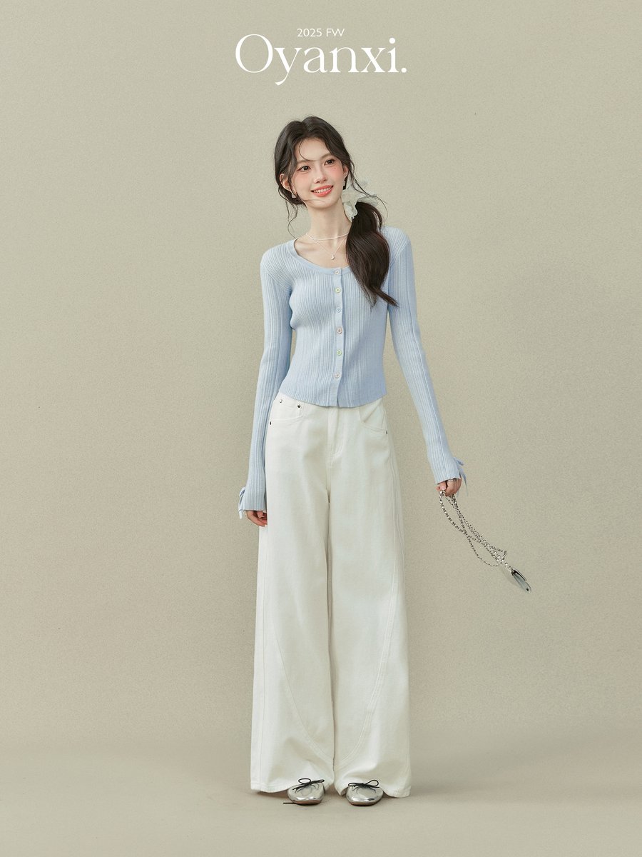 OYANXI ハイウエスト ストレート ワイドデニムパンツ ホワイト