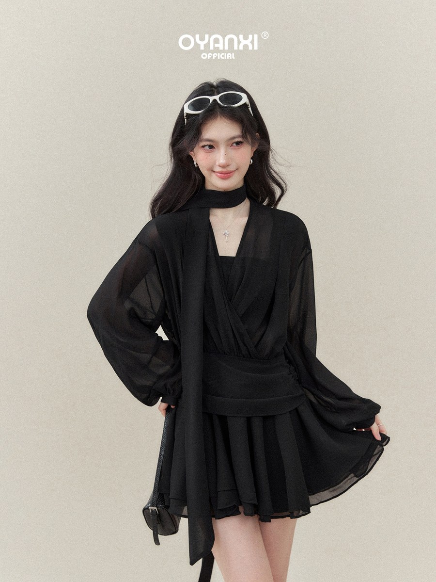 OYANXI Vネック 長袖ロングワンピース ニットチューブトップ付き