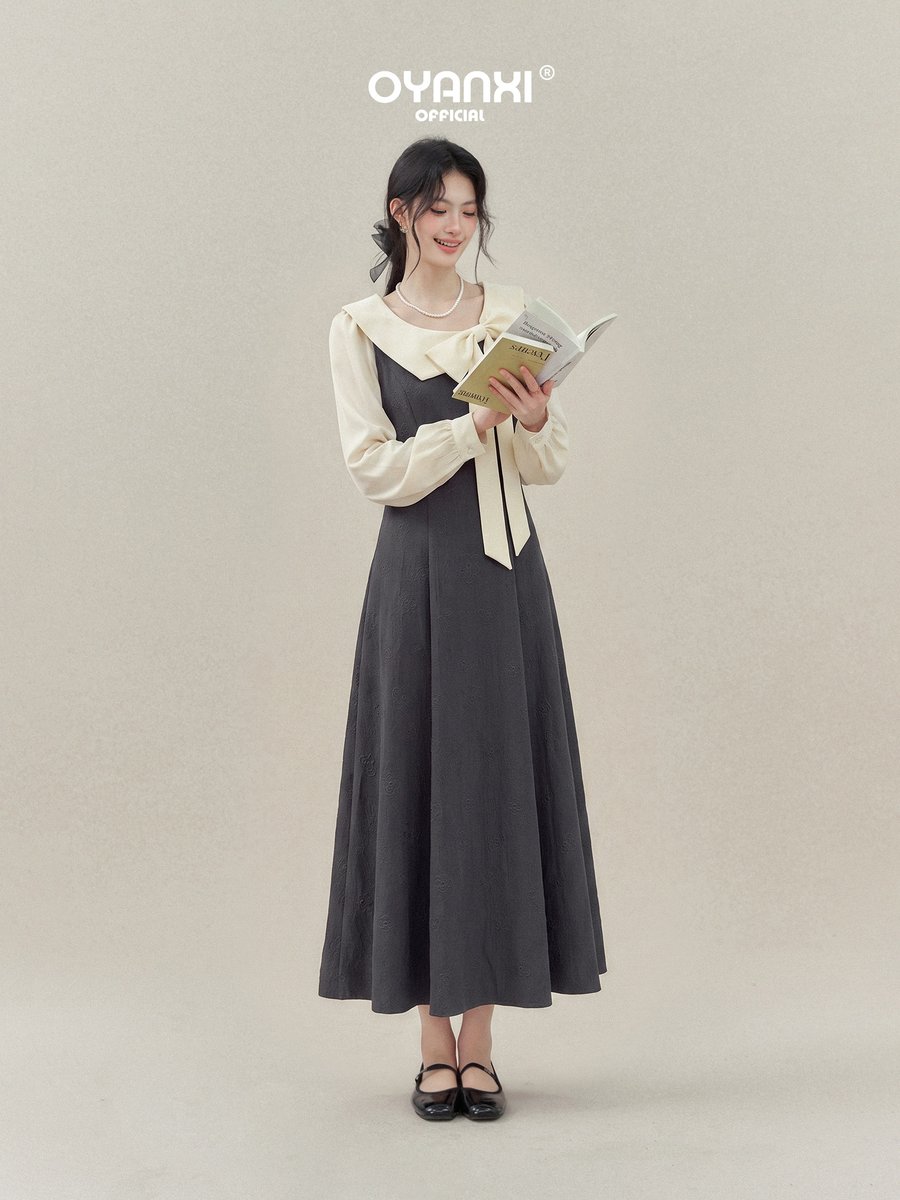 OYANXI 配色ビッグカラー フェイクレイヤード ロングワンピース