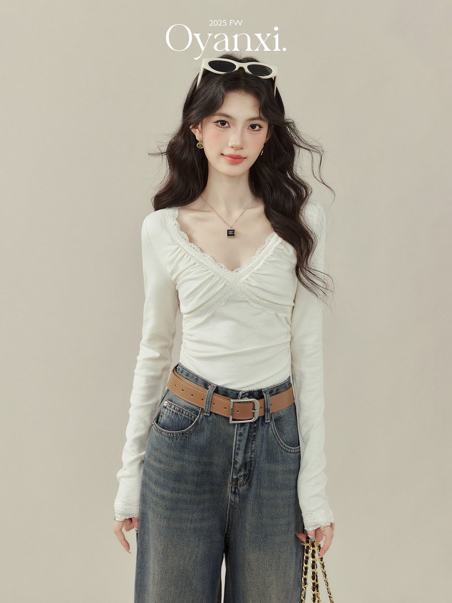 OYANXI レース Vネック インナー 長袖Tシャツ