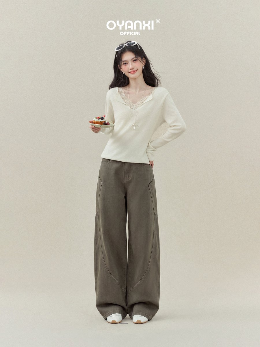 OYANXI ハイウエスト バレルレッグ デニムパンツ