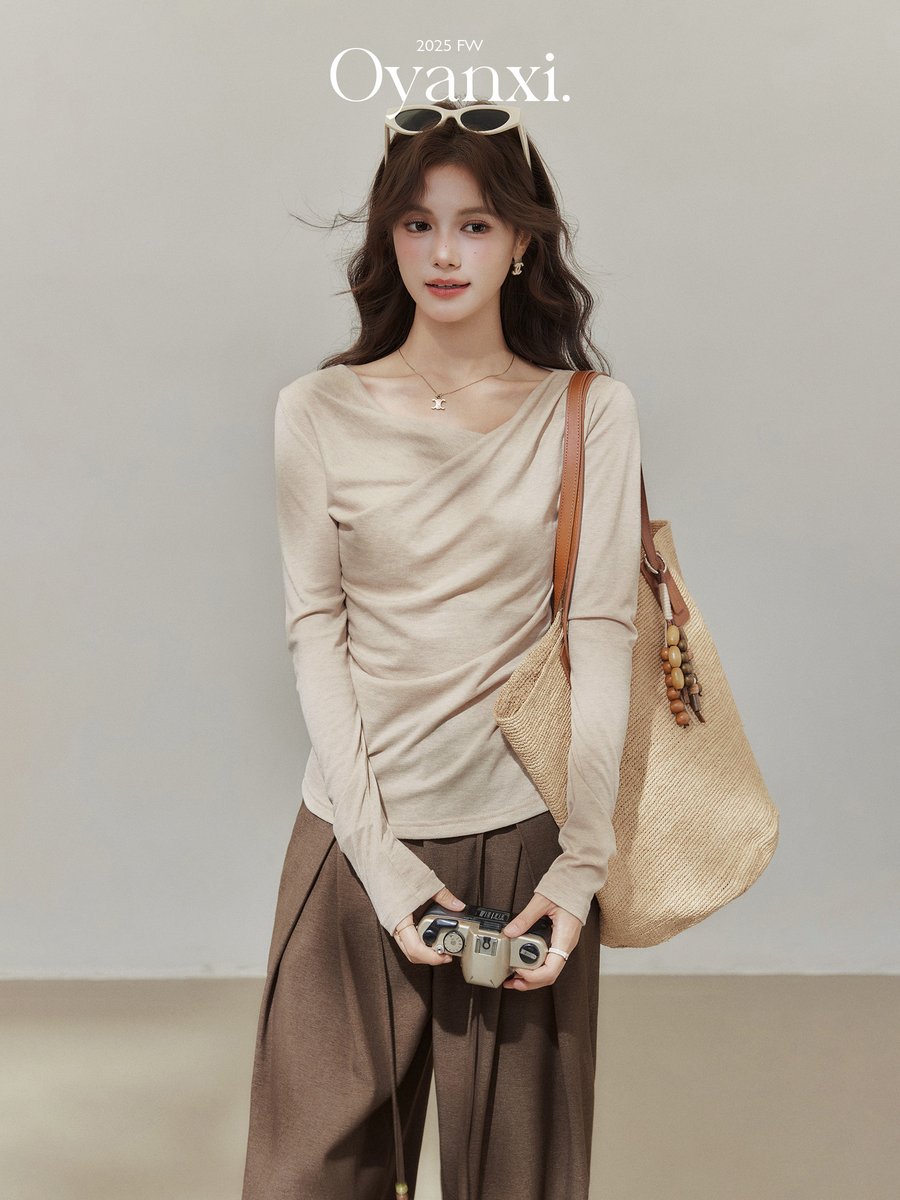 OYANXI ギャザー アシンメトリーネック 長袖Tシャツ