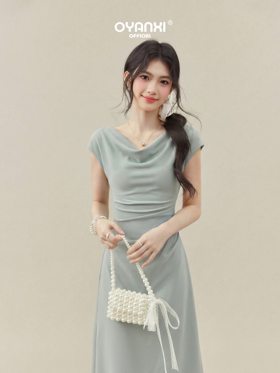 OYANXI ドレープネック ウエストシェイプ 半袖Aラインワンピース